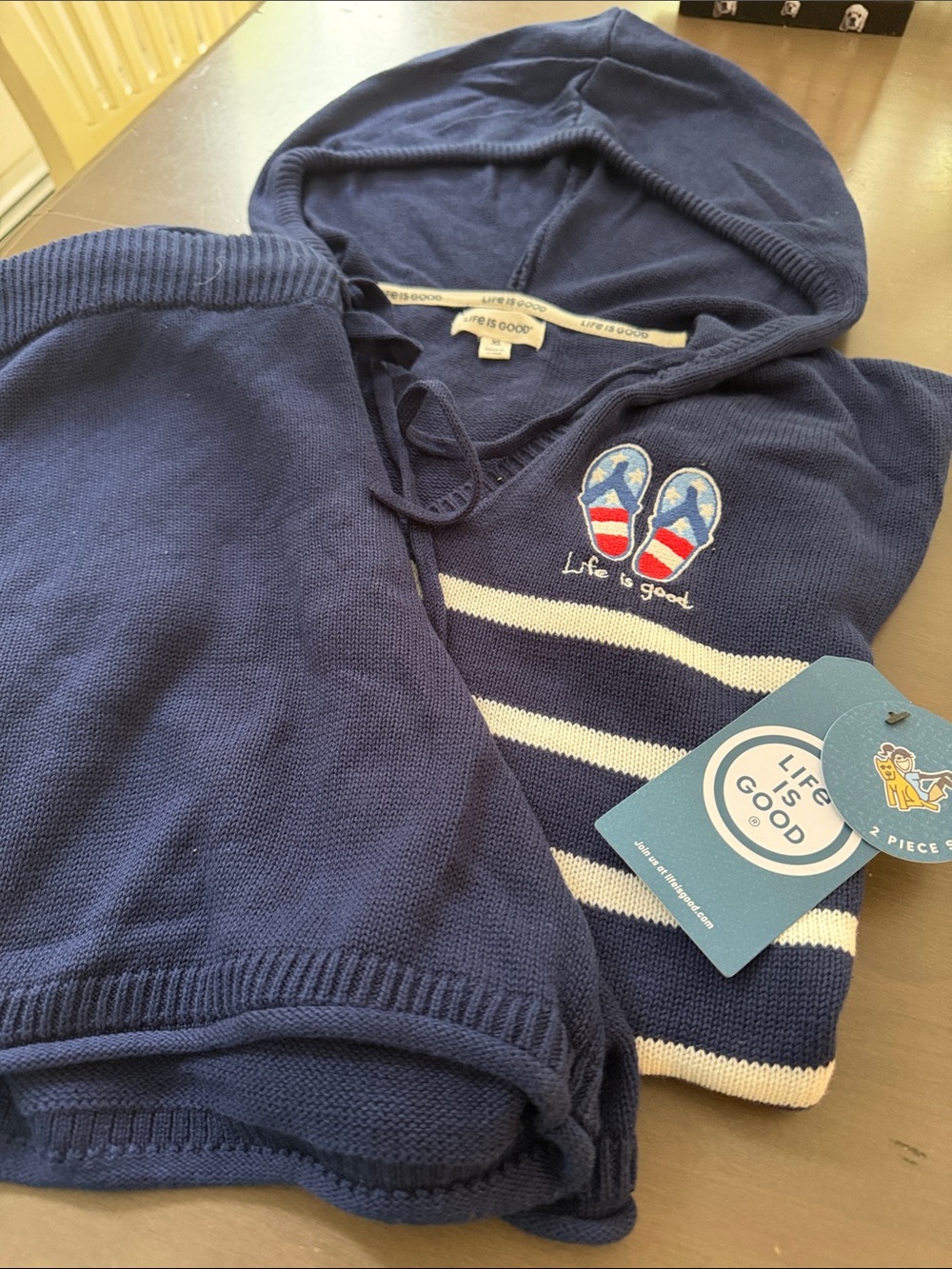 Life Is Good Navy and White Striped Women’s Crewneck Hoodie Sweater & short set